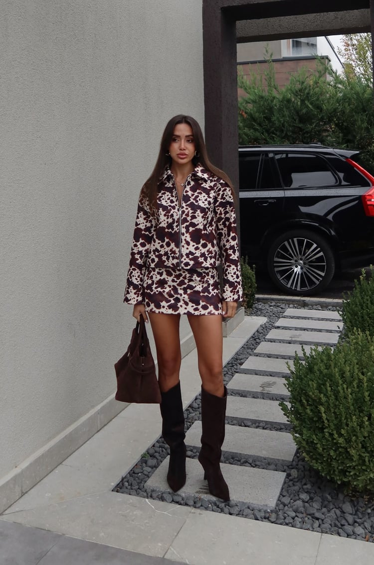 Kahverengi Cow Print Ceket Etek Takım