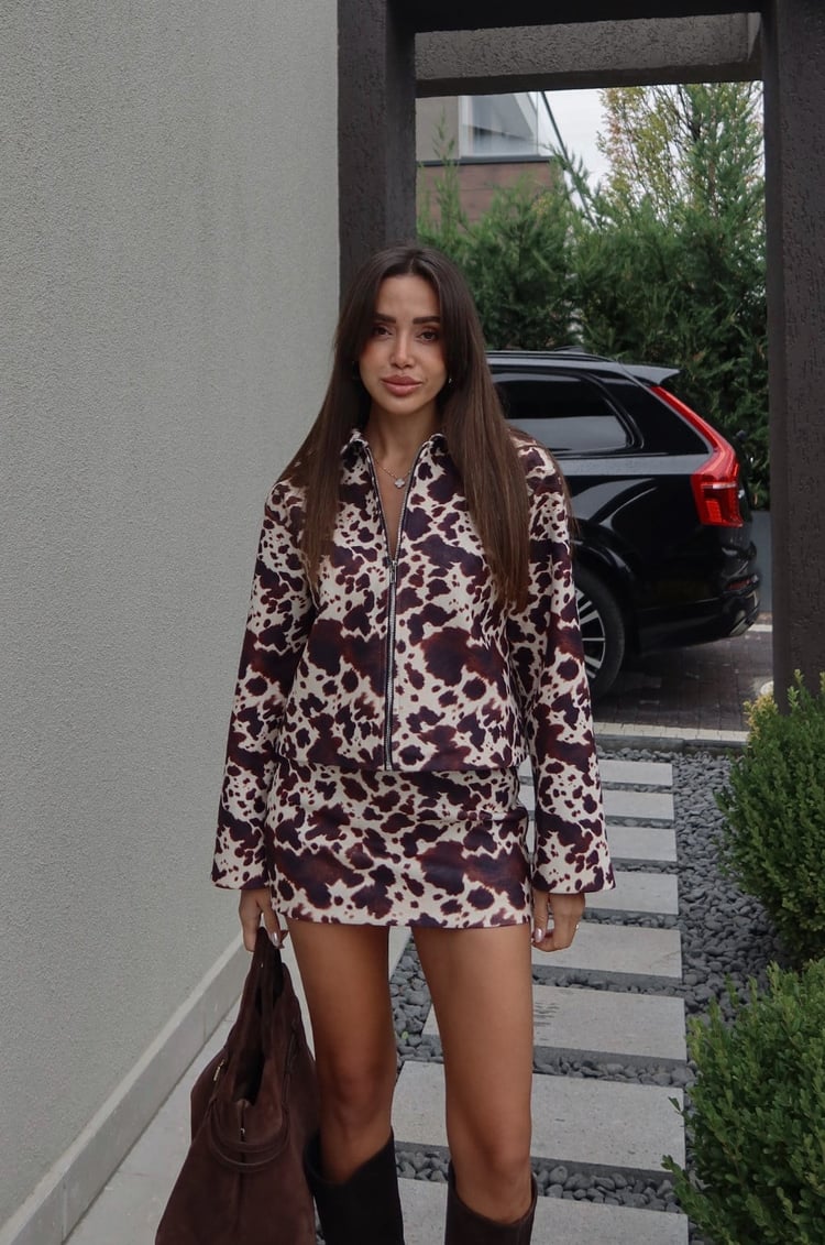 Kahverengi Cow Print Ceket Etek Takım