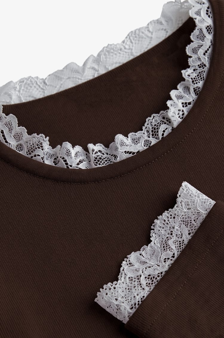 Kahverengi Dantelli Long Sleeve Triko Bluz