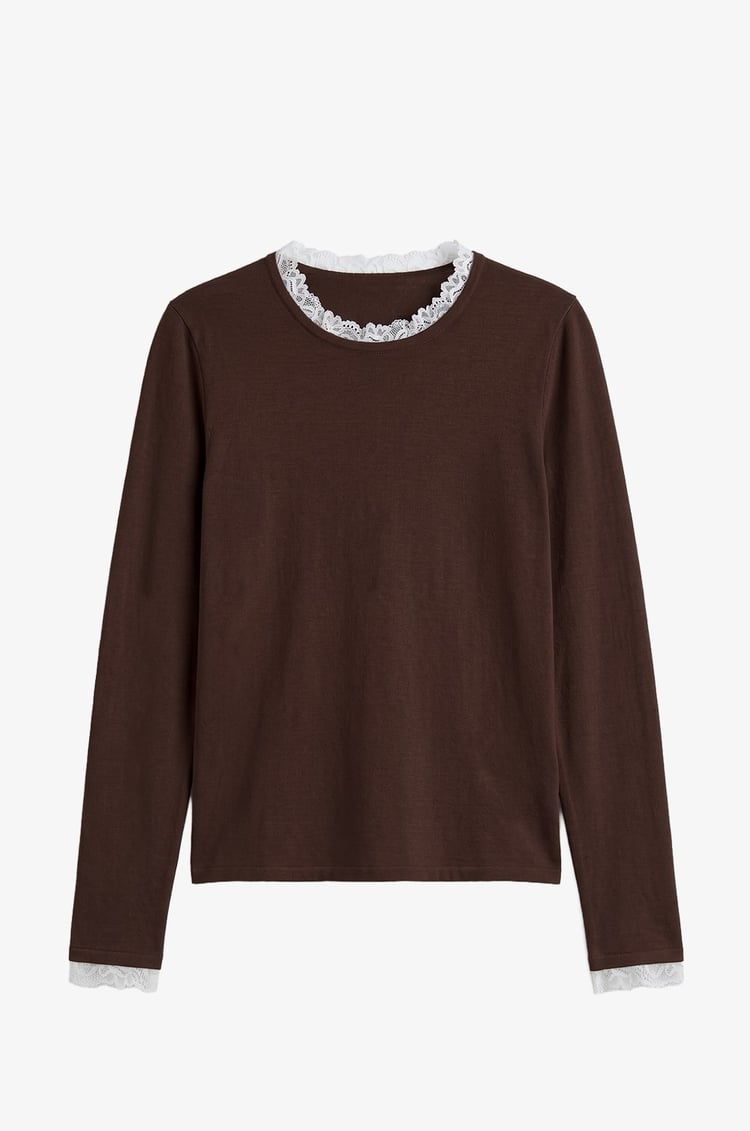 Kahverengi Dantelli Long Sleeve Triko Bluz