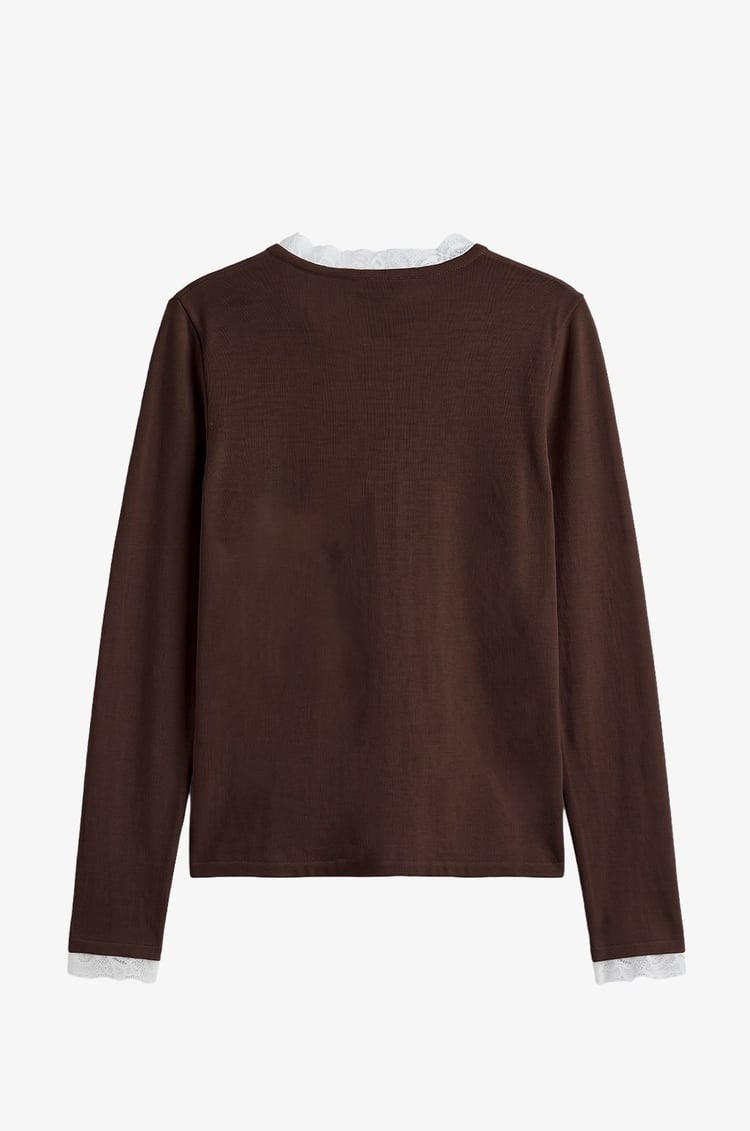 Kahverengi Dantelli Long Sleeve Triko Bluz