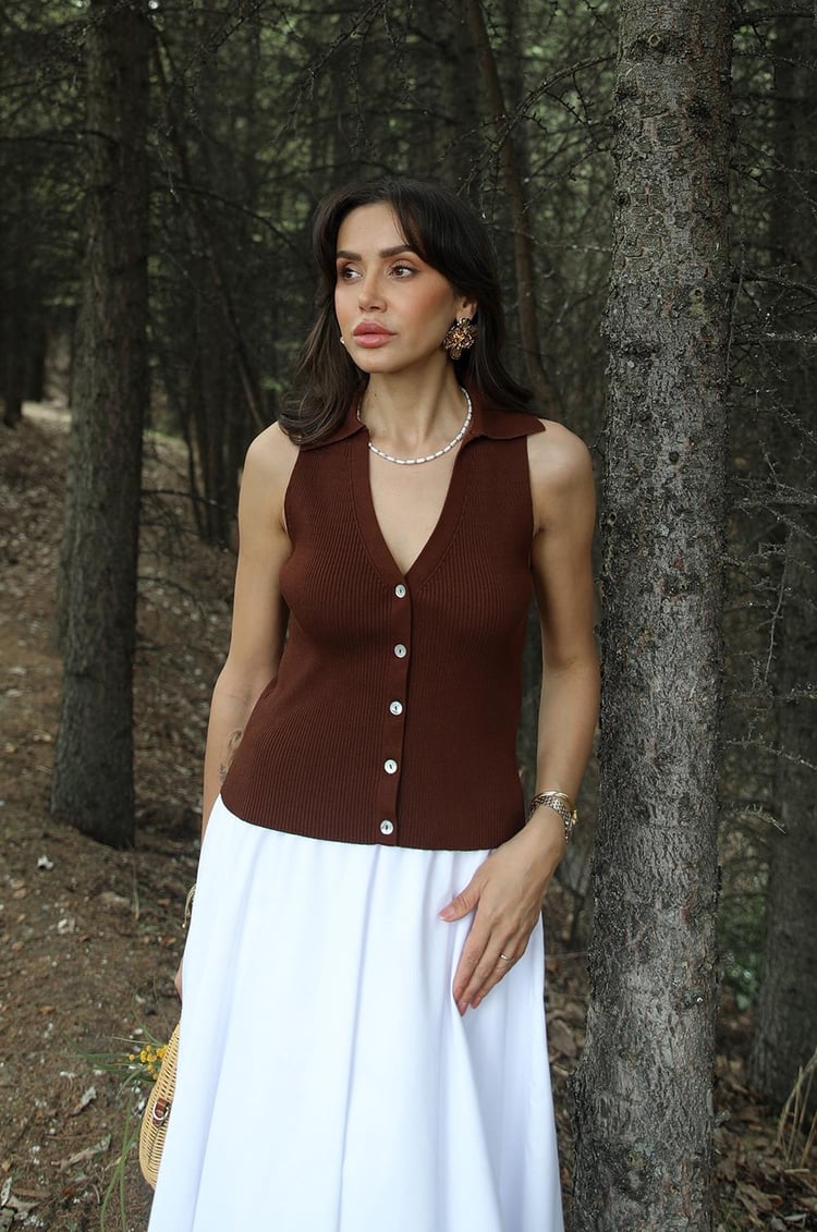 Kahverengi Davino Polo Yaka Triko Yelek