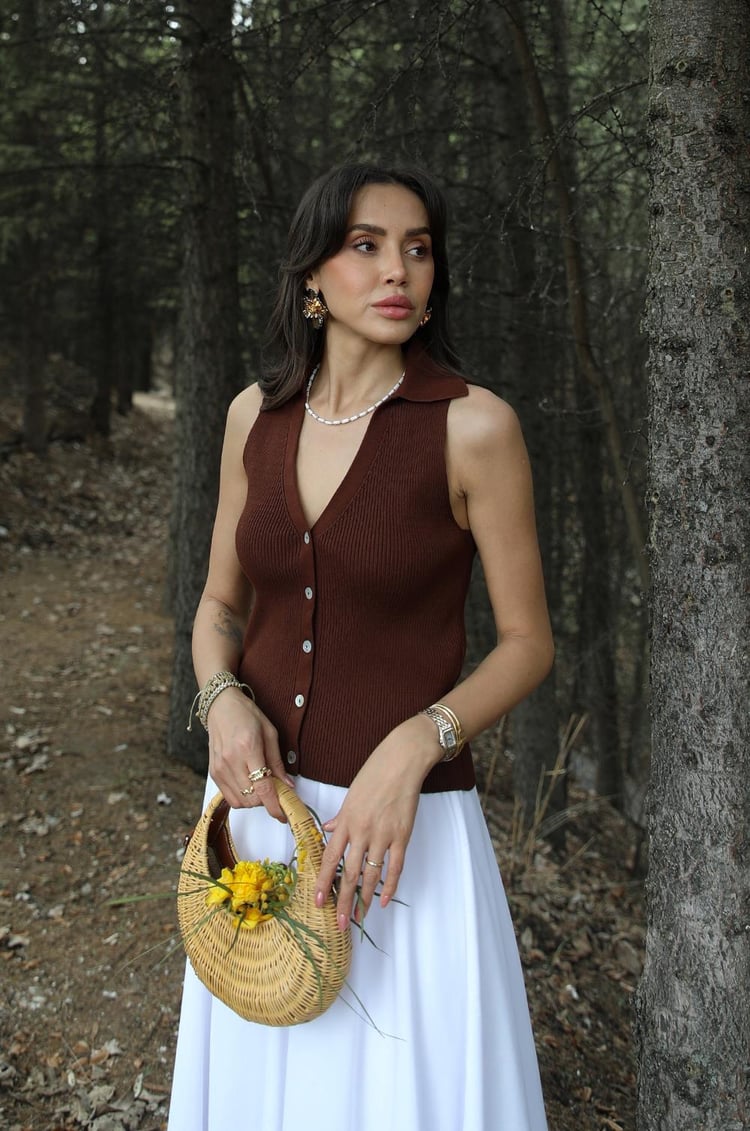 Kahverengi Davino Polo Yaka Triko Yelek