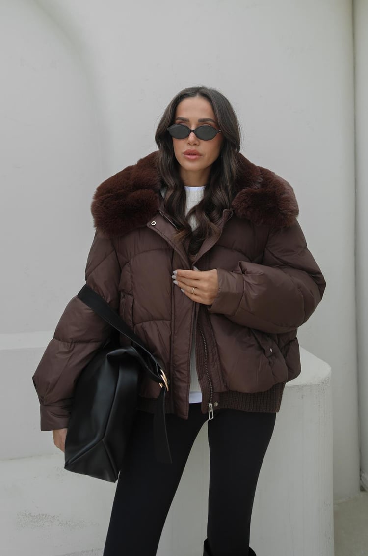 Kahverengi Deluxe Kürk Detaylı Şişme Mont
