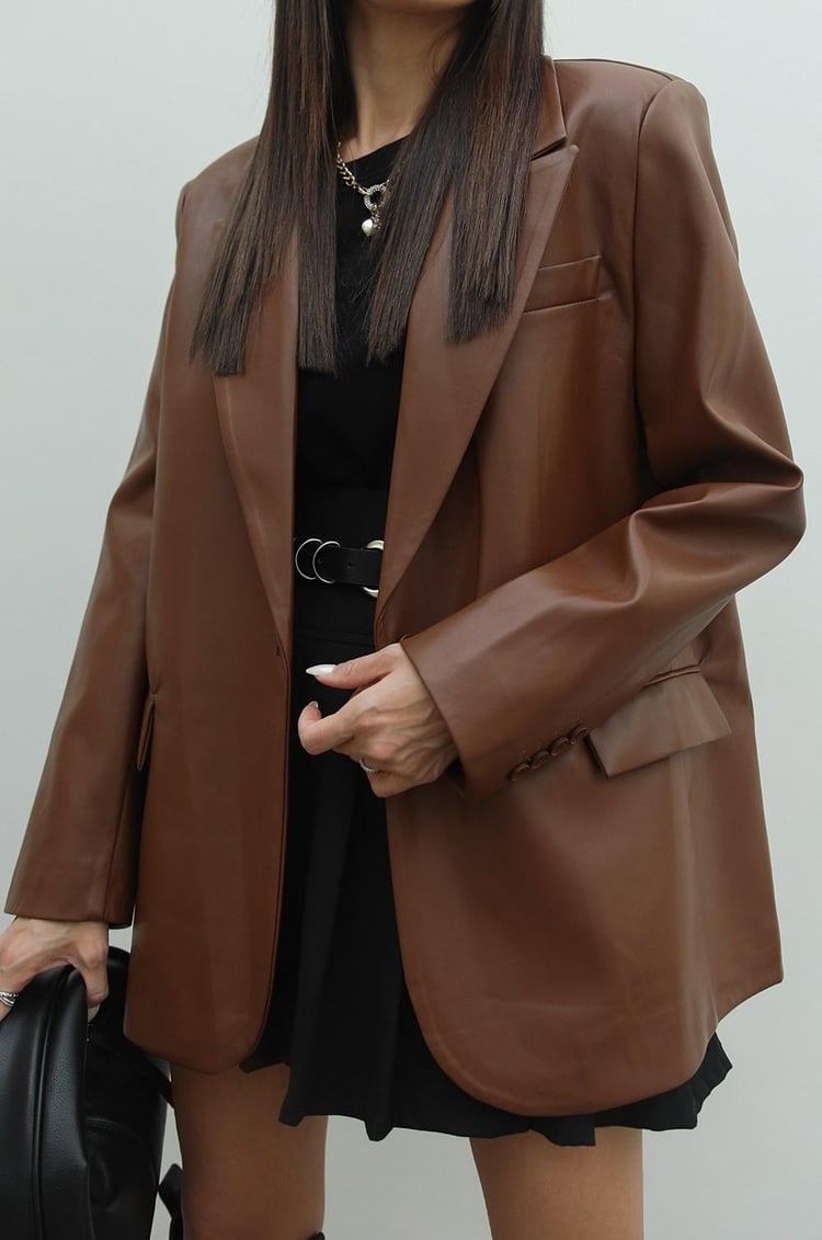 Kahverengi Deri Blazer Ceket