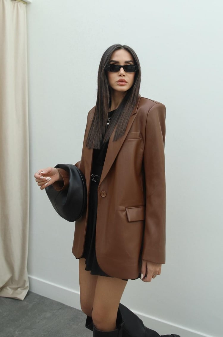 Kahverengi Deri Blazer Ceket