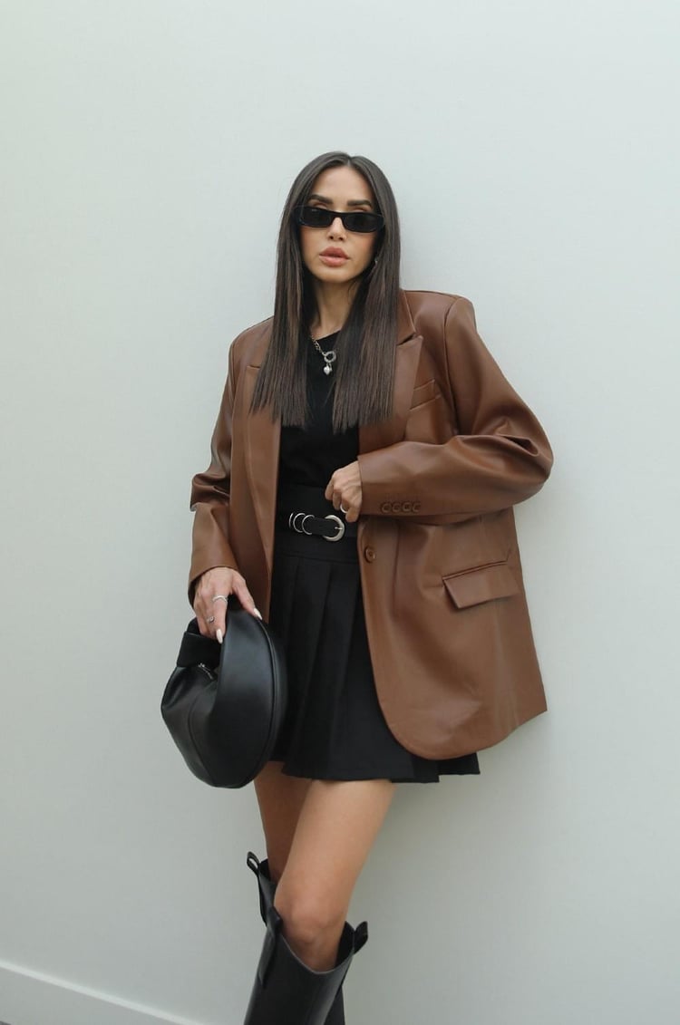 Kahverengi Deri Blazer Ceket