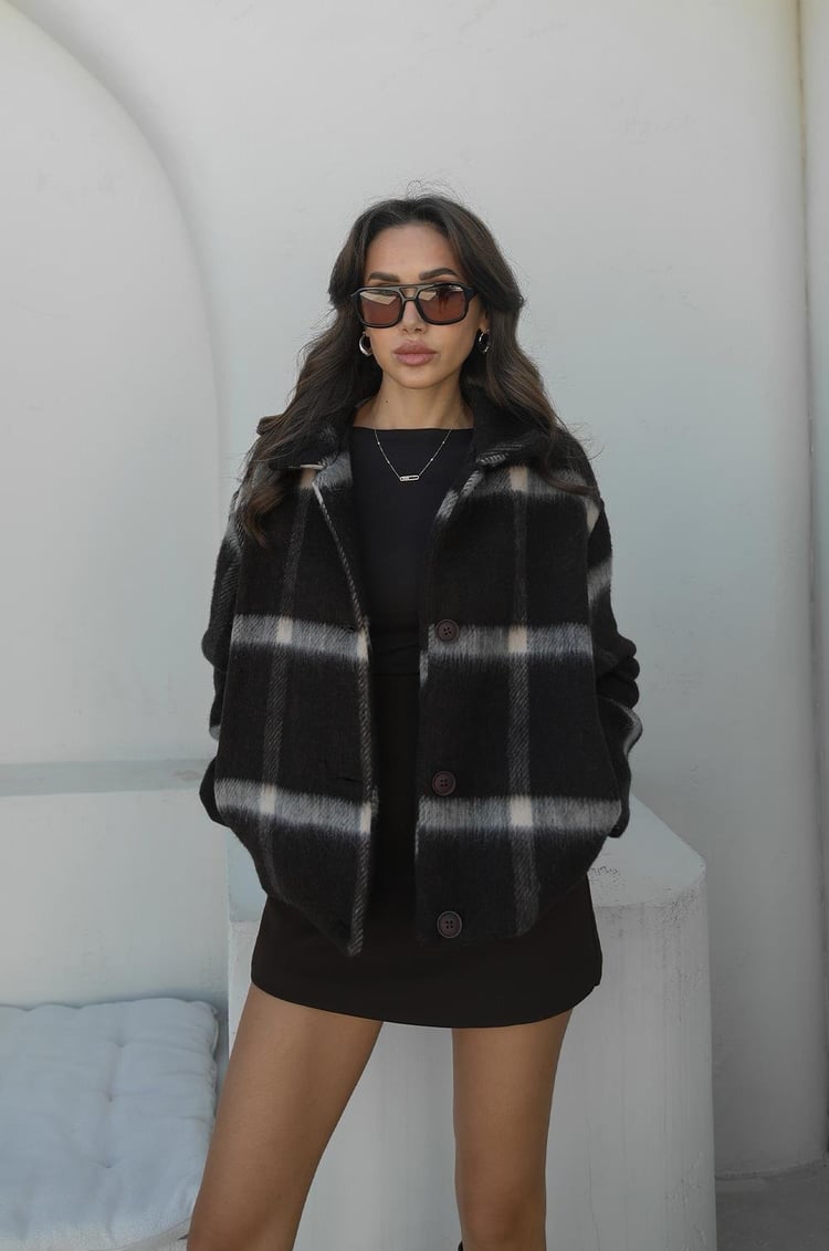 Kahverengi Ekoseli Yün Karışımlı Ceket