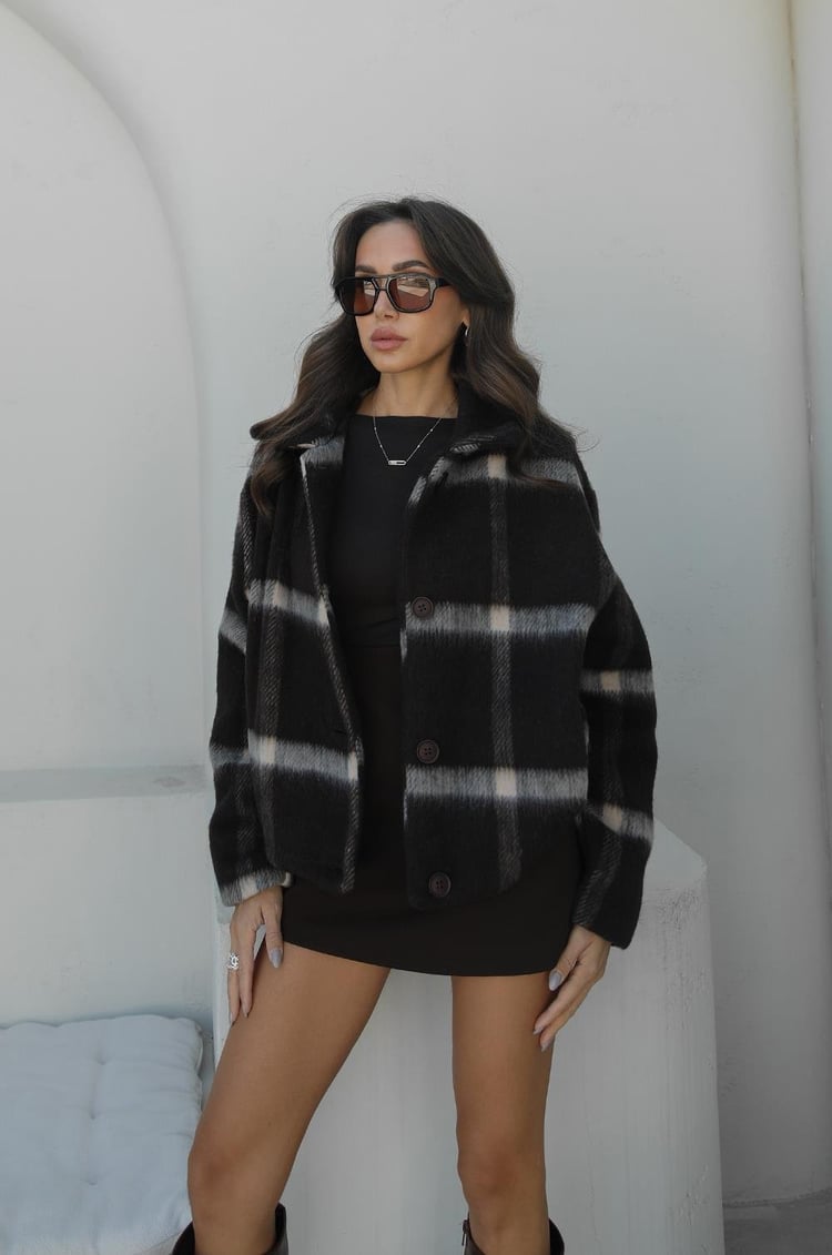 Kahverengi Ekoseli Yün Karışımlı Ceket