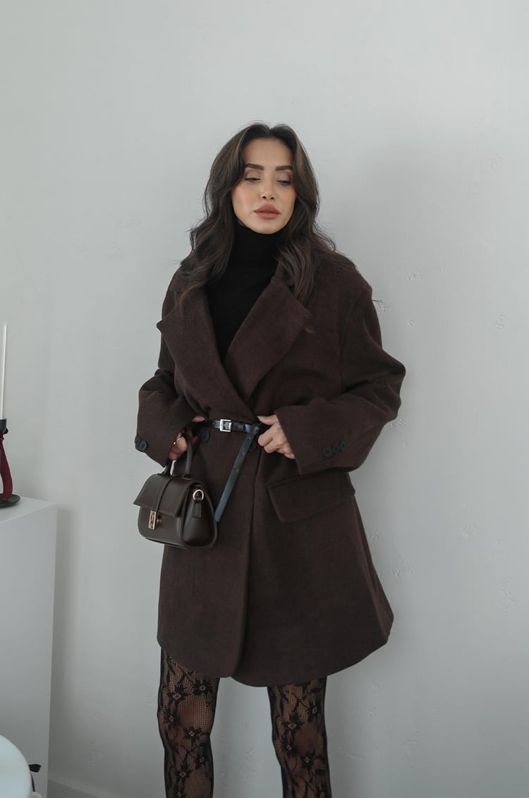 Kahverengi Glendale Kemerli Kaşe Ceket