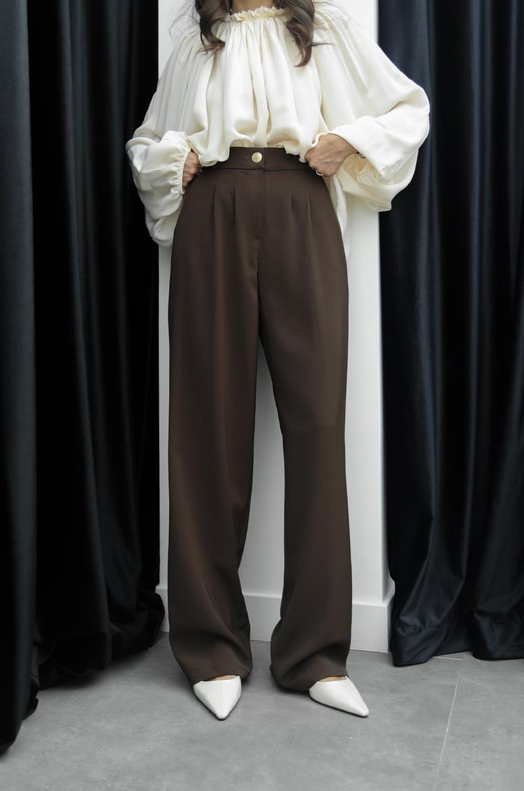 Kahverengi Gold Düğme Detaylı Palazzo Pantolon