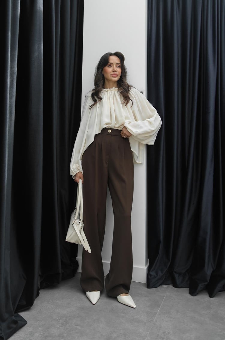 Kahverengi Gold Düğme Detaylı Palazzo Pantolon