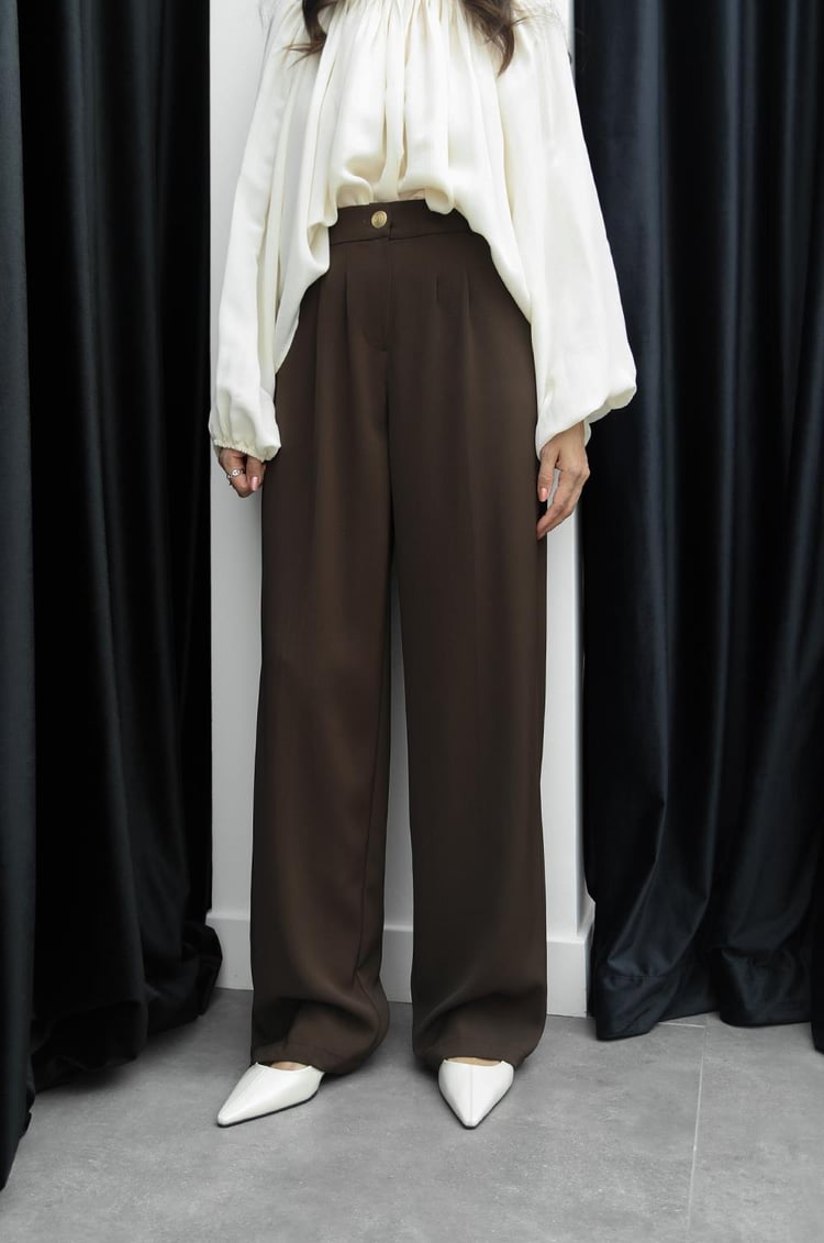 Kahverengi Gold Düğme Detaylı Palazzo Pantolon