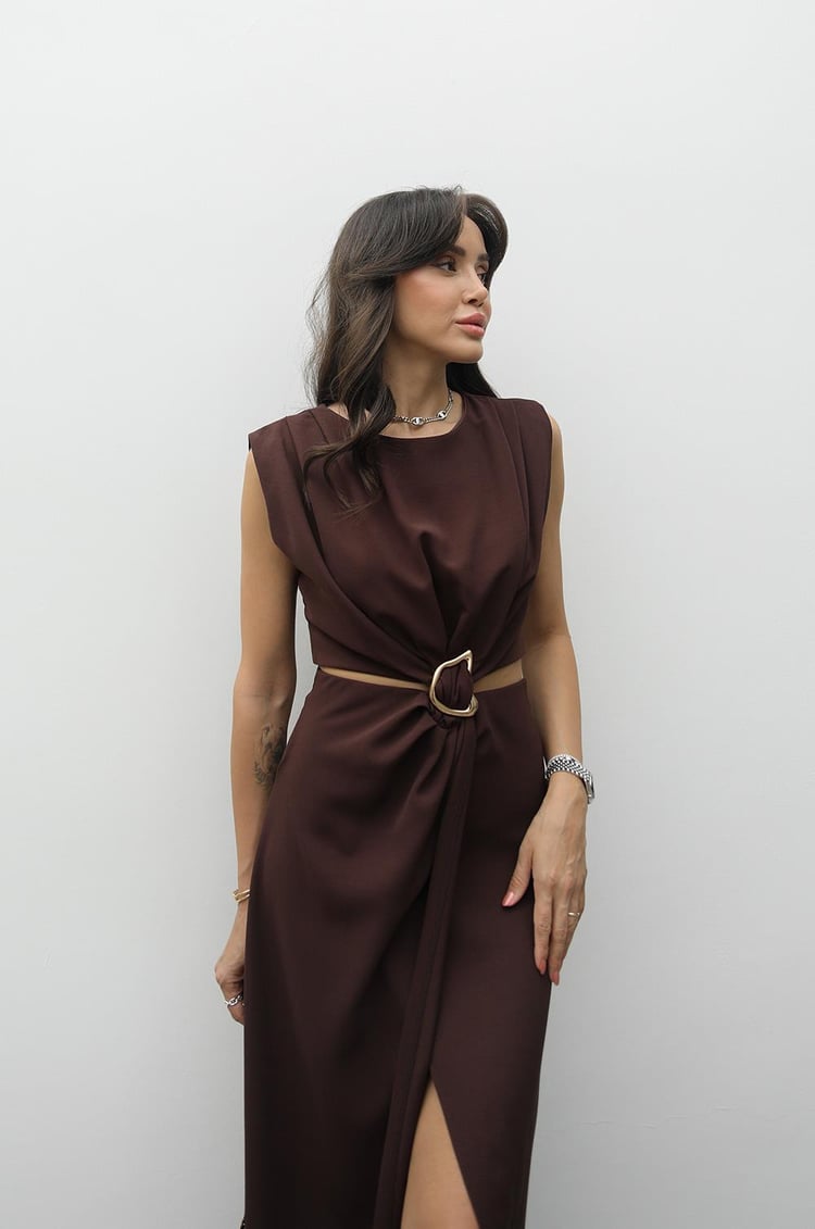 Kahverengi Gold Tokalı Bel Detaylı Elbise