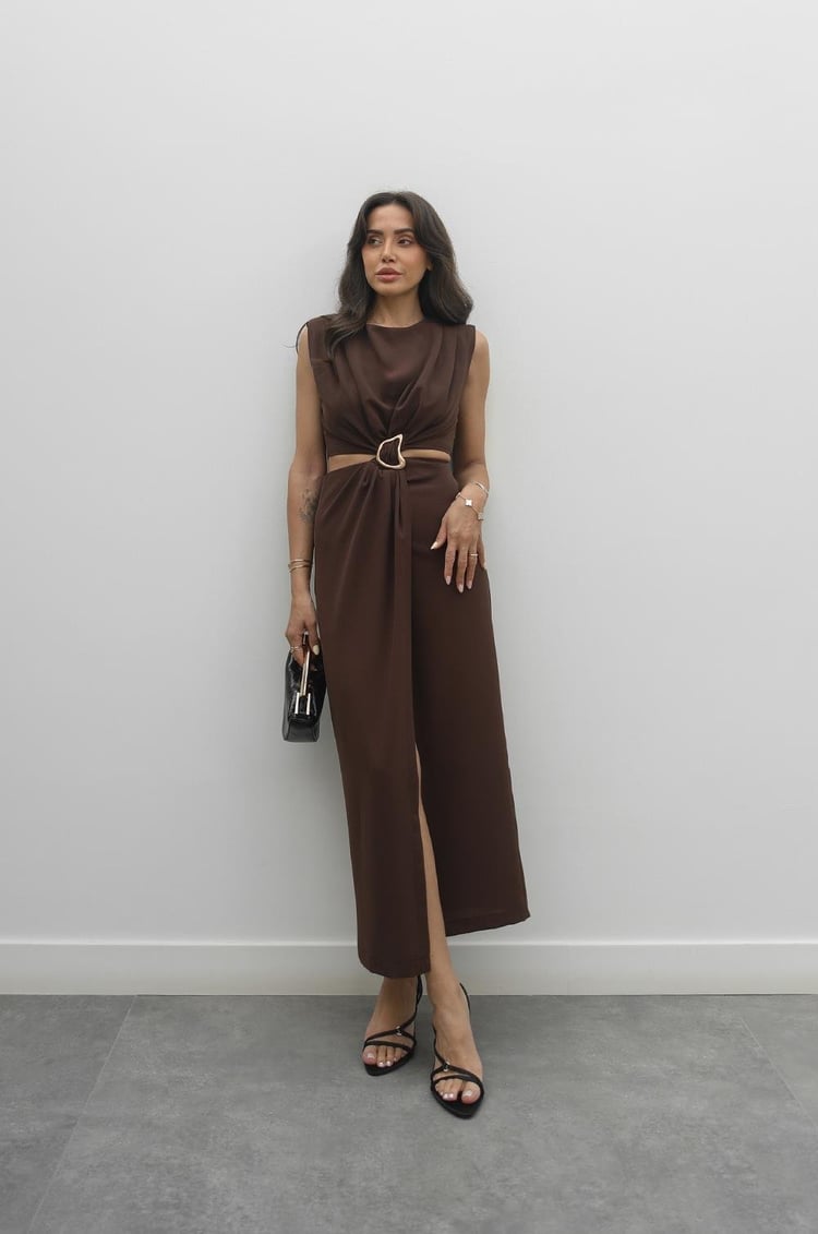 Kahverengi Gold Tokalı Bel Detaylı Elbise