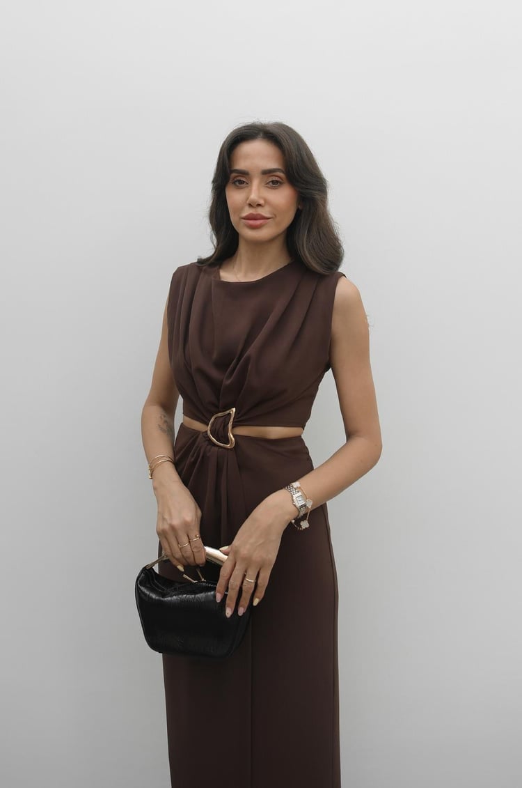 Kahverengi Gold Tokalı Bel Detaylı Elbise