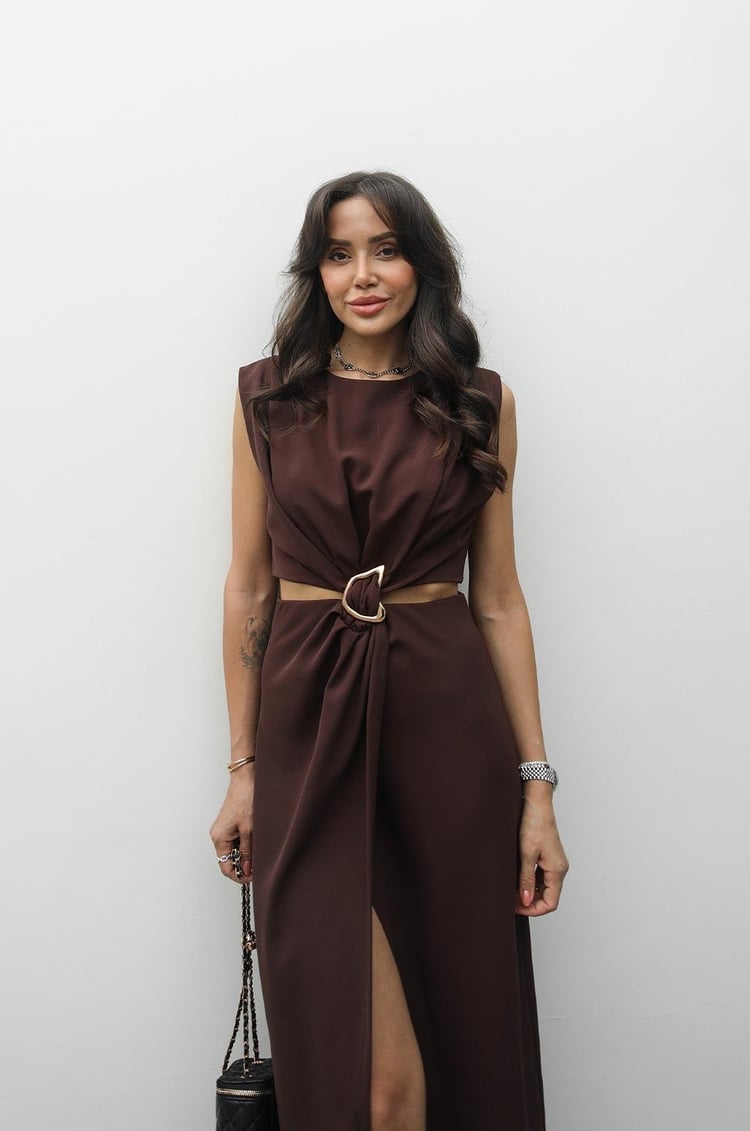 Kahverengi Gold Tokalı Bel Detaylı Elbise