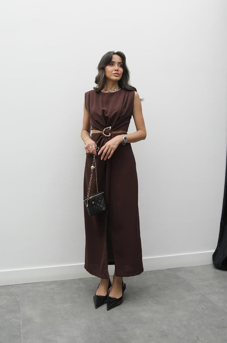 Kahverengi Gold Tokalı Bel Detaylı Elbise