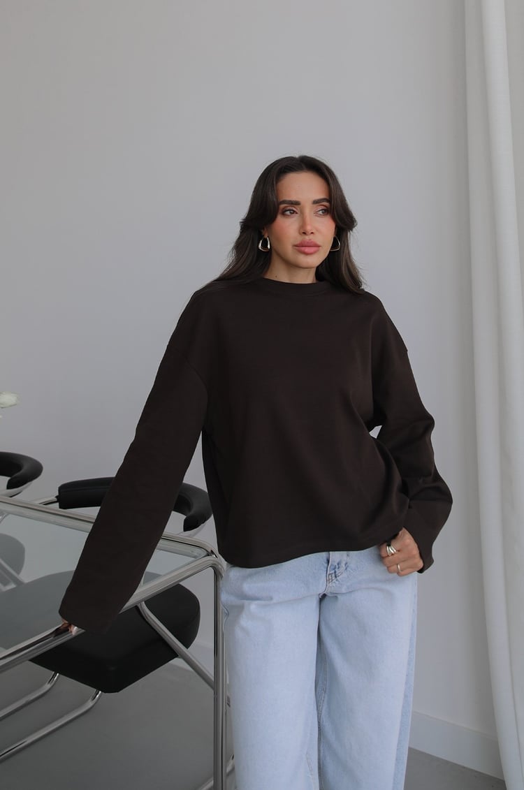 Kahverengi İspanyol Kol Basic Sweatshirt