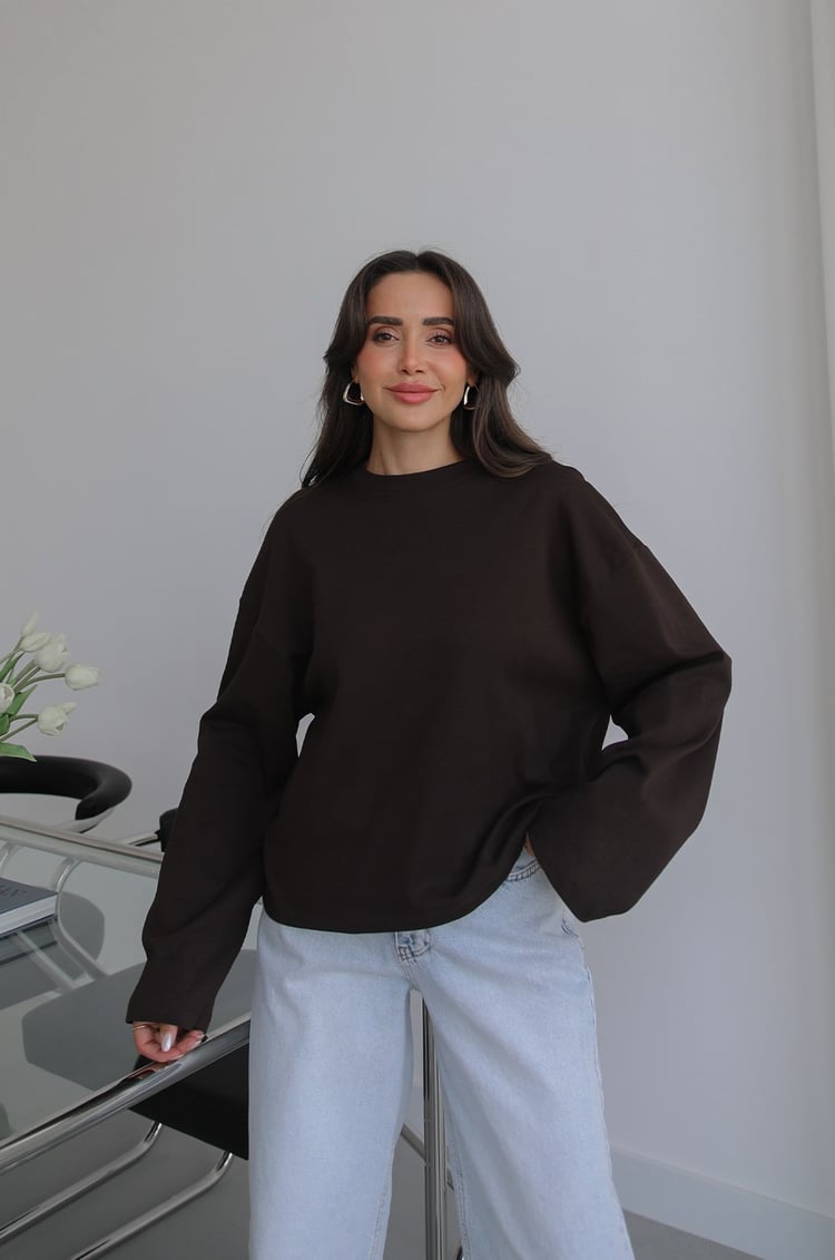 Kahverengi İspanyol Kol Basic Sweatshirt