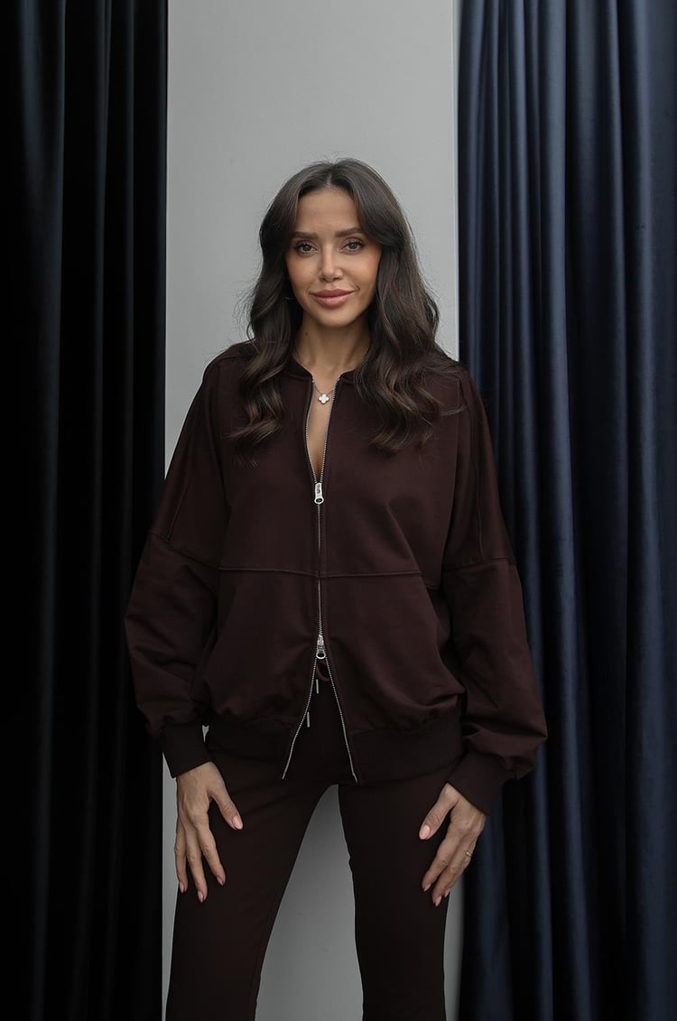 Kahverengi İspanyol Pantolon Fermuarlı Sweatshirt Takım