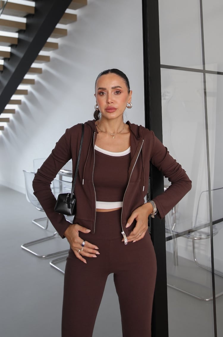 Kahverengi Kapüşonlu Sweat Crop Tayt Takım