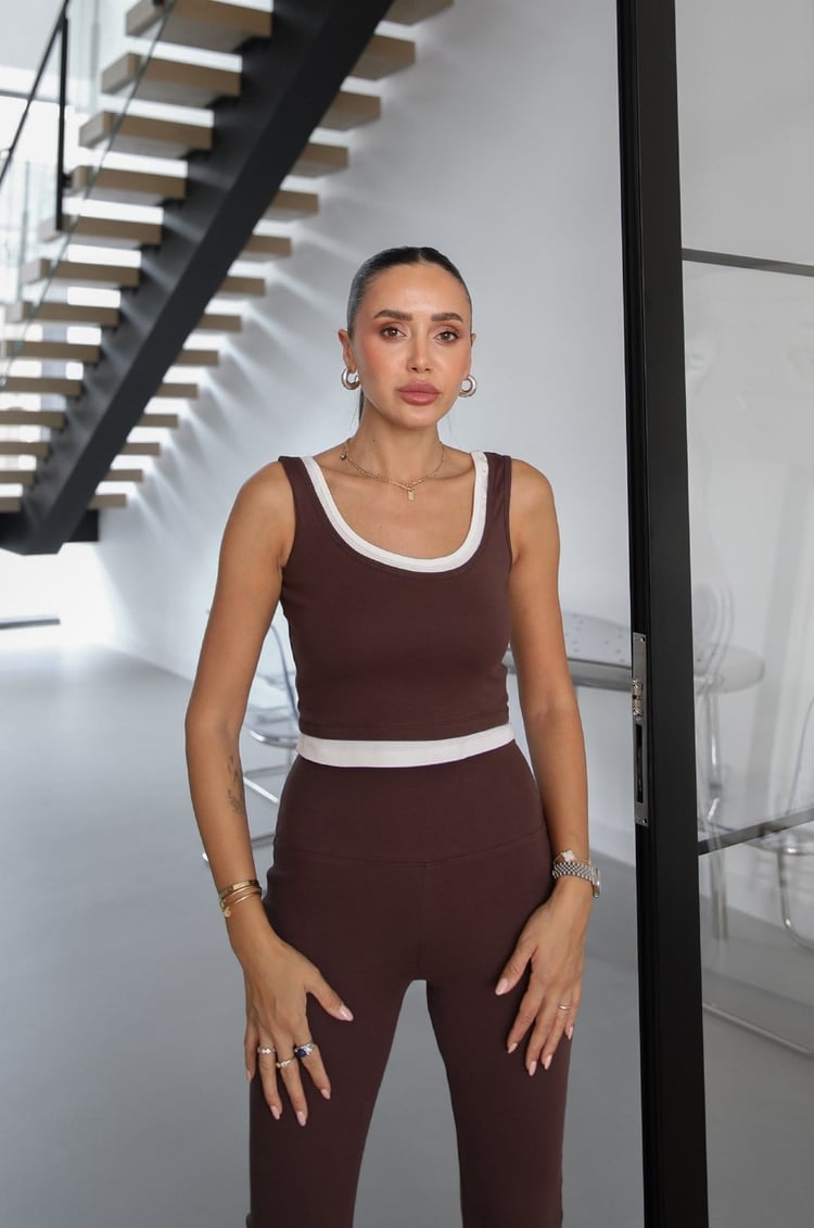 Kahverengi Kapüşonlu Sweat Crop Tayt Takım