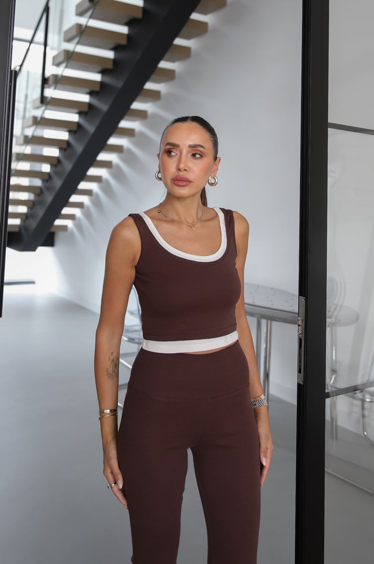 Kahverengi Kapüşonlu Sweat Crop Tayt Takım