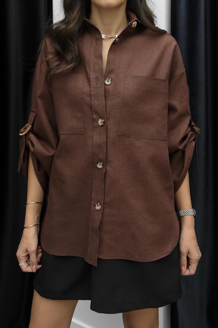 Kahverengi Kolları Kemer Detaylı Ham Keten Gömlek