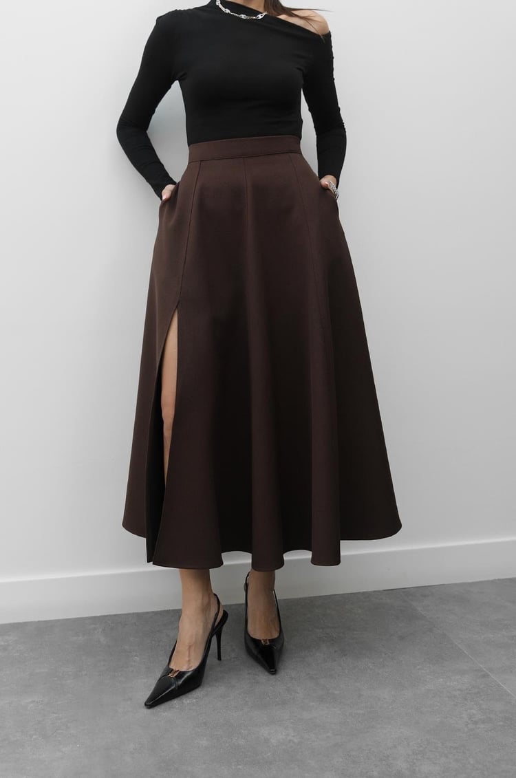 Kahverengi Mitte Yırtmaçlı Etek