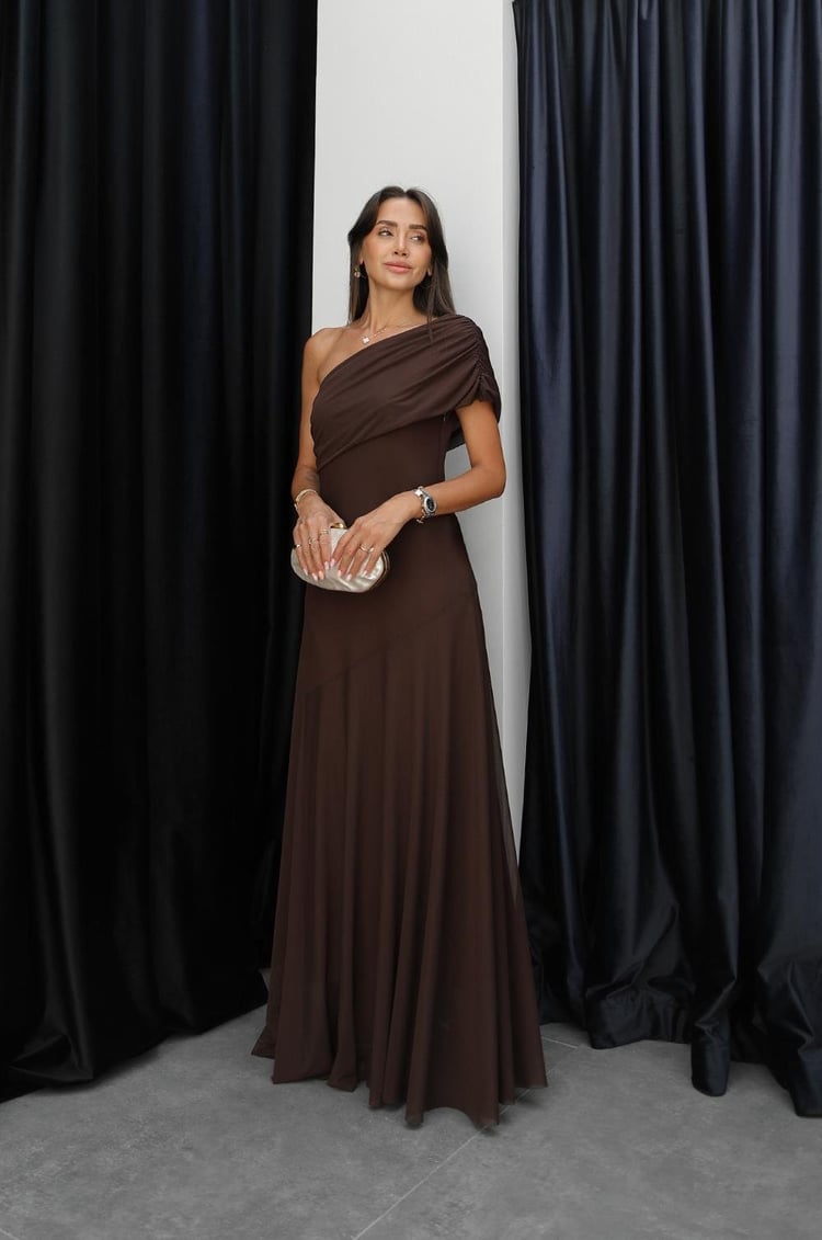 Kahverengi One Shoulder Şifon Elbise