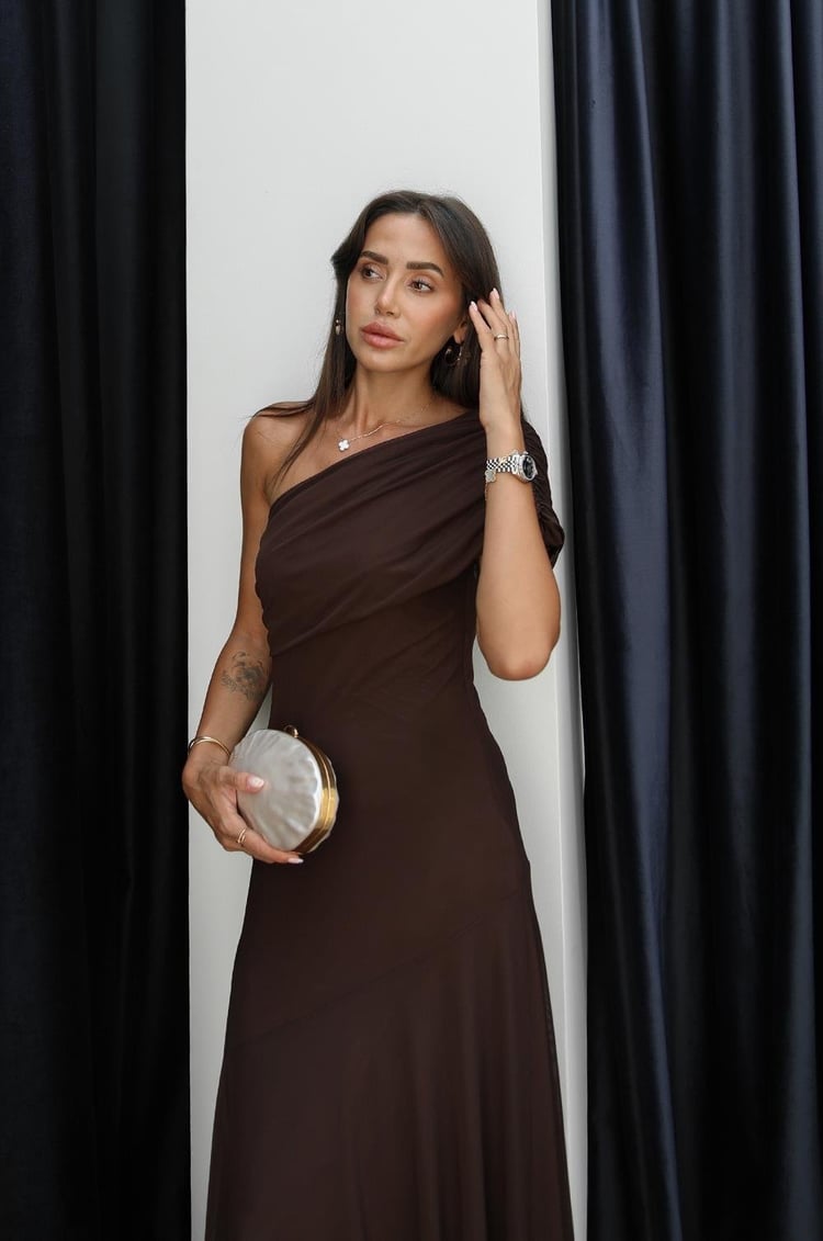 Kahverengi One Shoulder Şifon Elbise