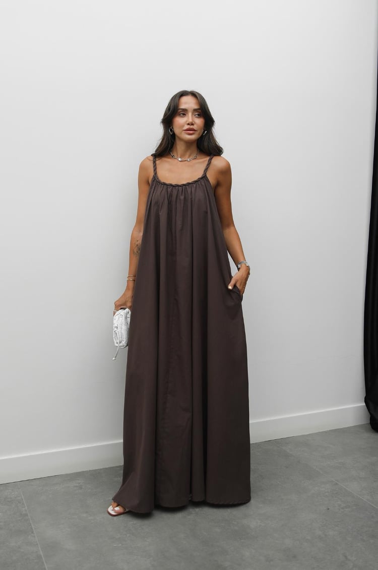 Kahverengi Örgü Detaylı Astarlı Vual Elbise