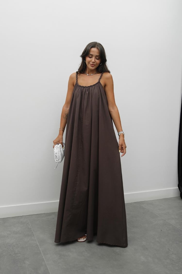 Kahverengi Örgü Detaylı Astarlı Vual Elbise