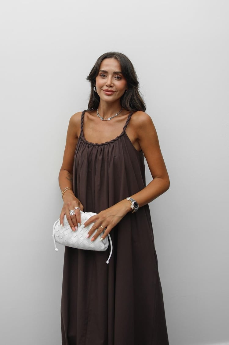 Kahverengi Örgü Detaylı Astarlı Vual Elbise