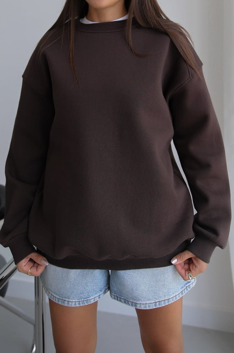 Kahverengi Orin Bisiklet Yaka Sweatshirt 