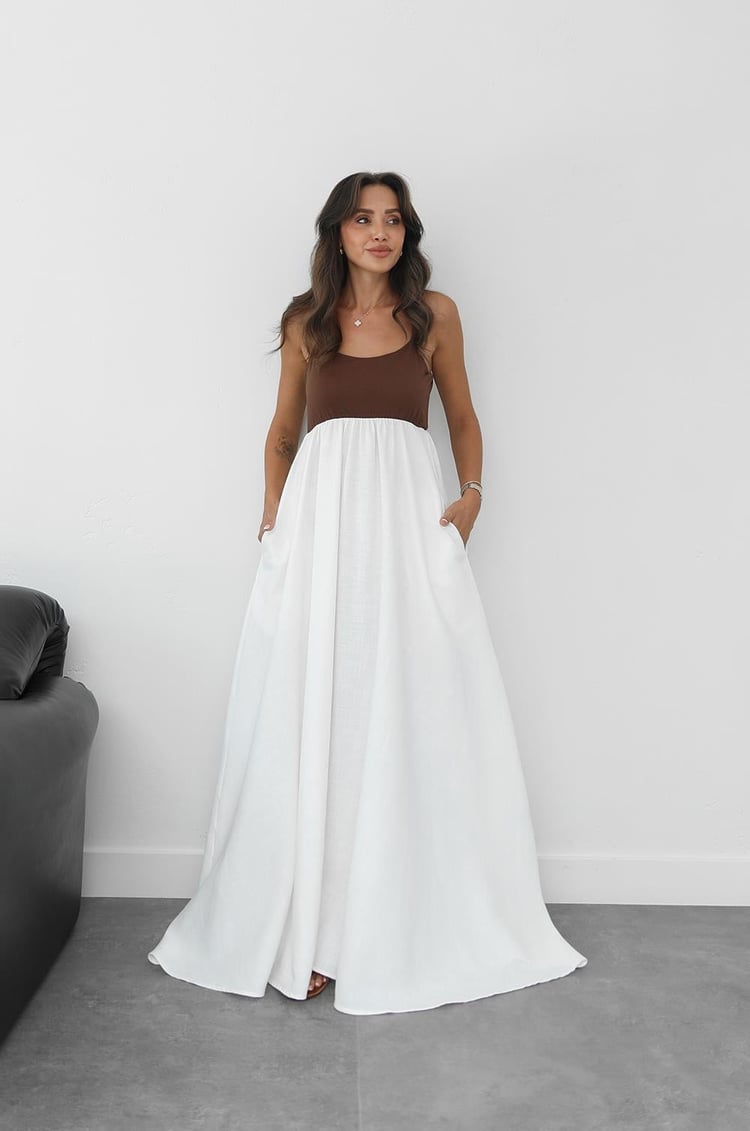 Kahverengi Patchwork Maxi Keten Elbise