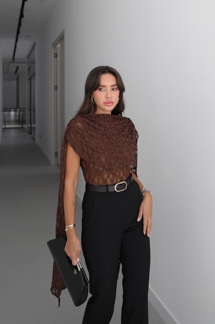Kahverengi Transparan Dantel Bodysuit