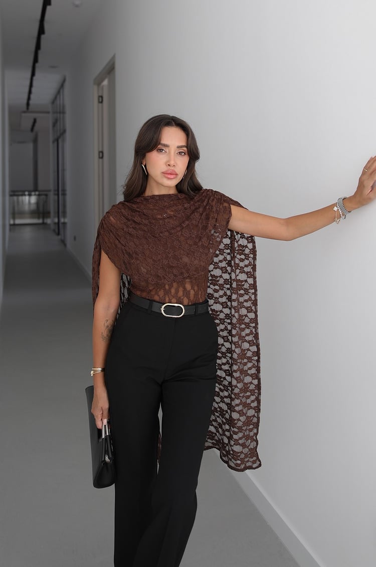Kahverengi Transparan Dantel Bodysuit