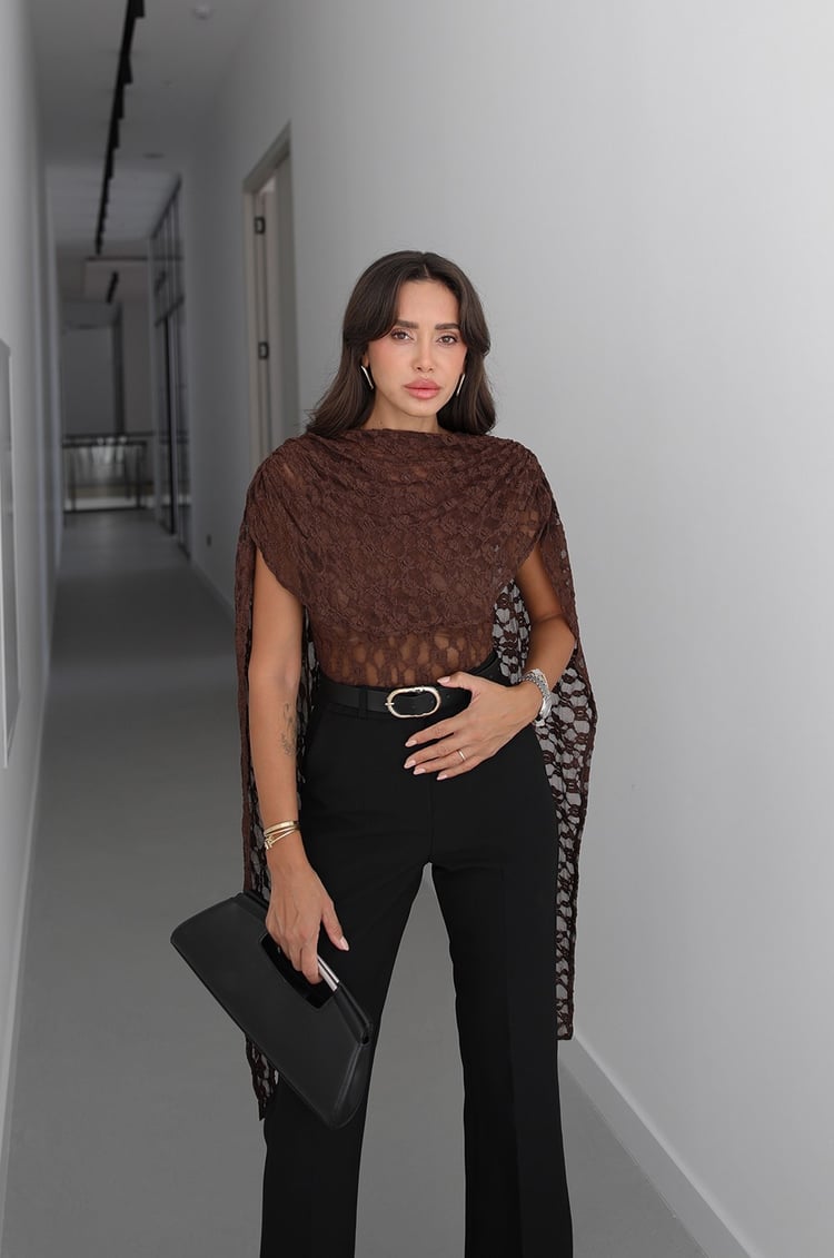 Kahverengi Transparan Dantel Bodysuit