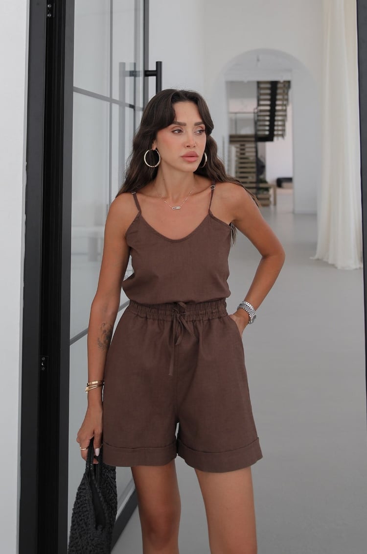Kahverengi Riley Askılı Bluz Şort Keten Takım