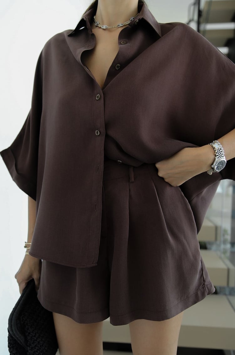 Kahverengi Rona Oversize Gömlek Şort Takım