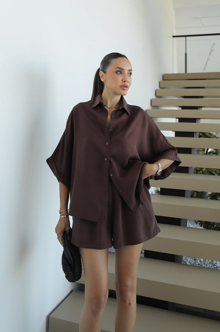 Kahverengi Rona Oversize Gömlek Şort Takım