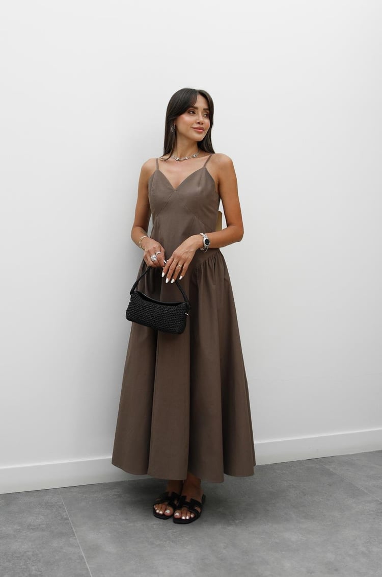 Kahverengi Solene Pamuklu Midi Elbise