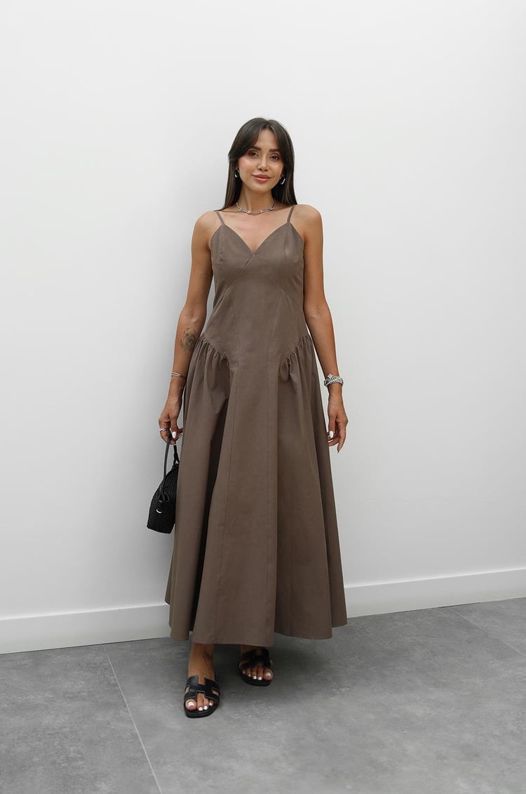 Kahverengi Solene Pamuklu Midi Elbise