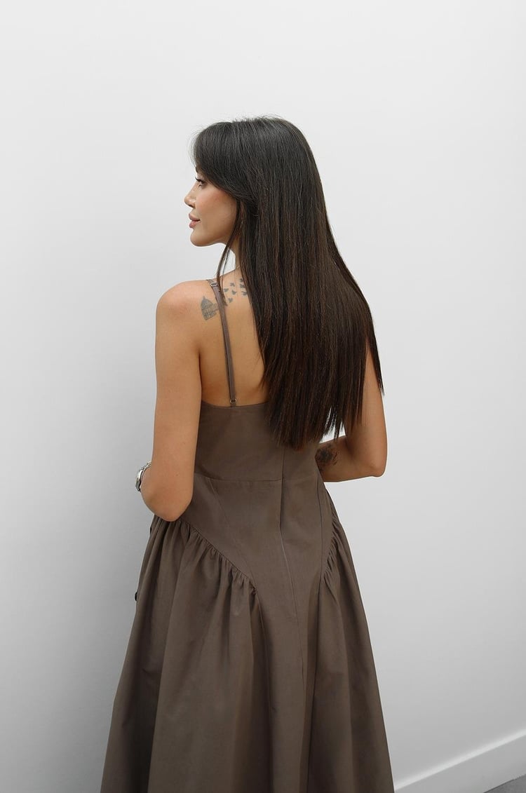 Kahverengi Solene Pamuklu Midi Elbise