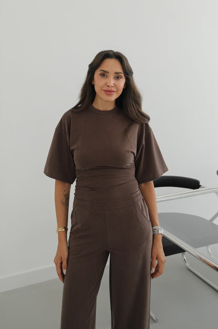Kahverengi Swanky Yanları Büzgülü Bluz Pantolon Takım