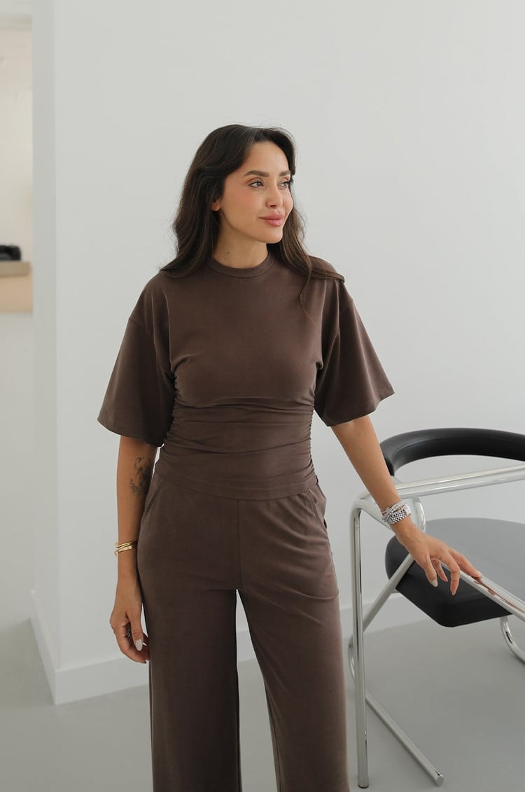 Kahverengi Swanky Yanları Büzgülü Bluz Pantolon Takım