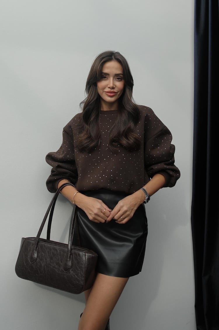 Kahverengi Taş Detaylı Sweatshirt