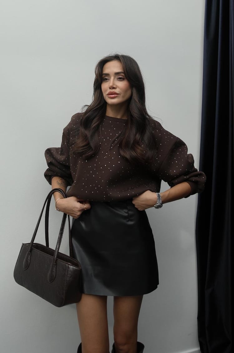 Kahverengi Taş Detaylı Sweatshirt